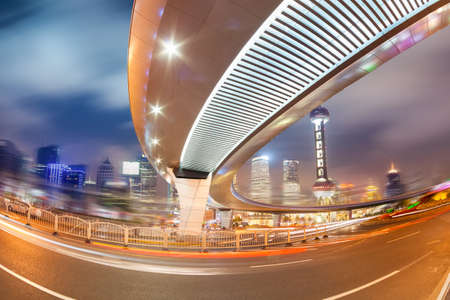 shanghai downtown at night, fish-eye viewのeditorial素材