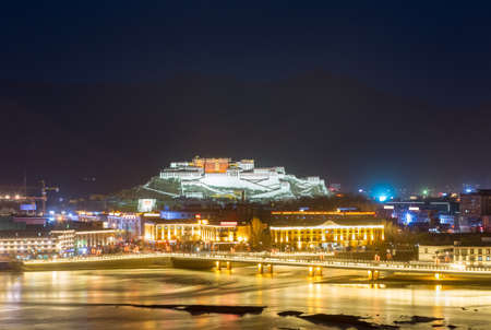 night scene of  lhasa city, overlook of the potala palace , tibetのeditorial素材