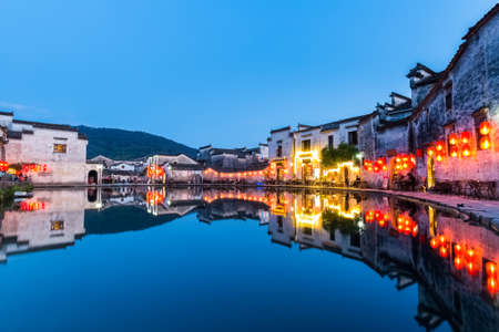 ancient villages at night, hongcun, southern anhui province, Chinaの写真素材