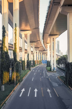 city elevated road closeup, under the interchange overpass , shanghai, Chinaの写真素材