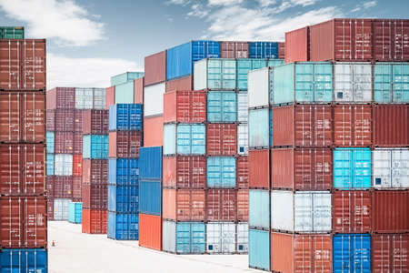 container yard closeup against a blue skyのeditorial素材