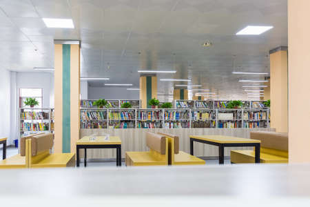 library reading area, some comfortable seat and shelf backgroundのeditorial素材