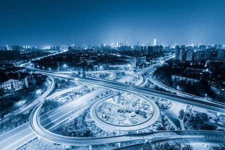 city overpass at night in tianjin, blue tone