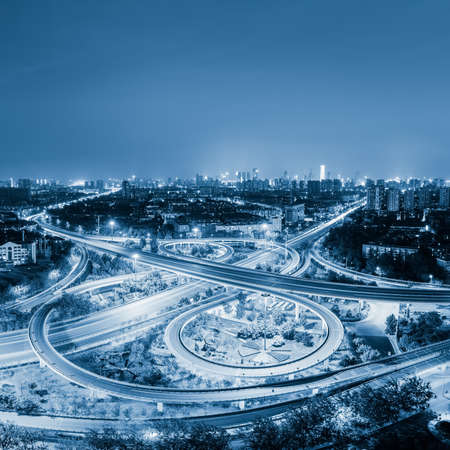 city overpass at night, blue tone,transport infrastructure in tianjinの写真素材