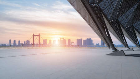 empty floor with cityscape of wuhan in sunsetのeditorial素材