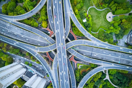 aerial view of elevated road junction in shanghai の写真素材