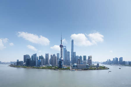 shanghai financial center against a blue sky, high angle view, like an island