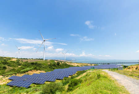 clean energy landscape, solar power station and wind farm on poyang lakeside, jiangxi, Chinaの写真素材