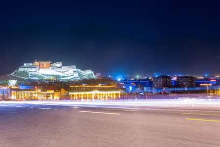 city road in lhasa , night view of tibet