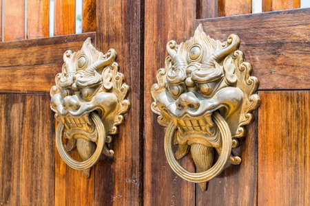 traditional style door knocker closeup on a wooden doors