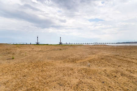 bridge construction with sand in the Poyang lake, Chinaの写真素材