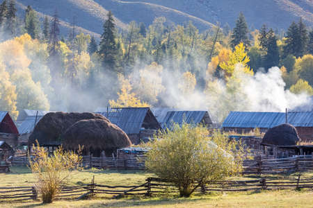 xinjiang baihaba villages closeup on beautiful autumn morning