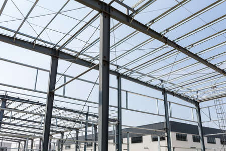 steel structure factory building under construction, industrial standard workshopのeditorial素材