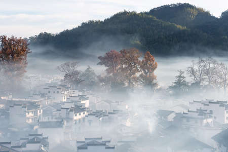 misty scene of shicheng village, wuyuan county, jiangxi province, the most beautiful countryside in Chinaの写真素材