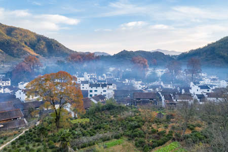 beautiful countryside landscape of wuyuan, shicheng village in late autumn, Chinaの写真素材