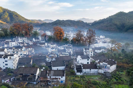 aerial view of shicheng village in late autumn, wuyuan county, jiangxi province , traditional chinese countryside sceneryの写真素材