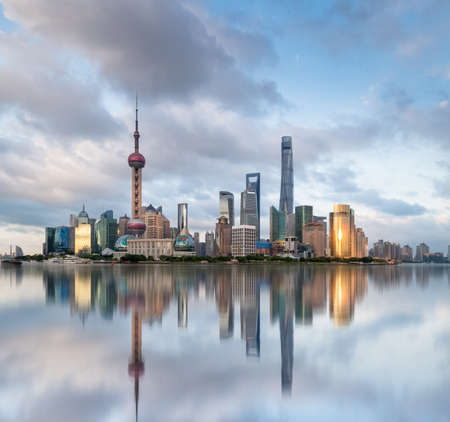 shanghai skyline at dusk and reflections, China