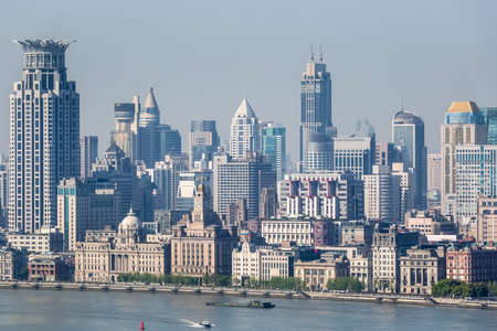 scenery along huangpu river in shanghai, aerial view of the bundの写真素材