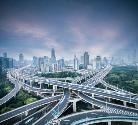 city interchange in shanghai, yan 'an east road overpass at dusk, Chinaの写真素材