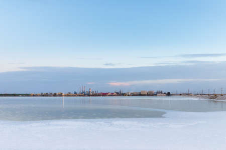 qarhan salt lake industrial landscape at dusk, golmud city, qinghai province, Chinaの写真素材