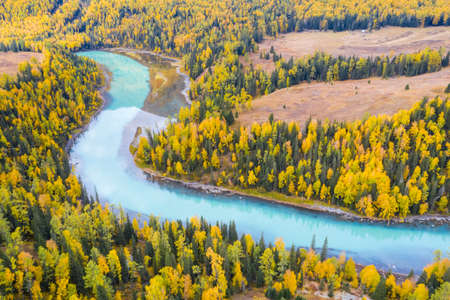 a bird's eye view of xinjiang kanas river landscape in autumn, Chinaの写真素材