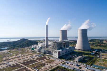 modern thermal power plant by riverside, industrial landscape, hukou county, jiangxi province, Chinaのeditorial素材