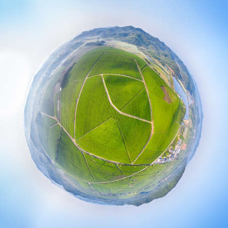 spherical panorama of tea farm, beautiful tea plantation in dongzhi county,  anhui province, Chinaの写真素材