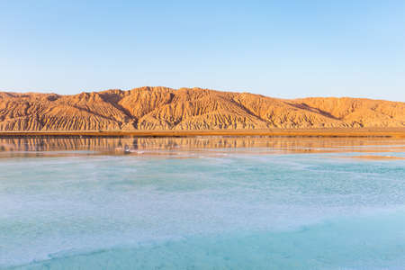 beautiful jade lake at dusk,salt lake landscape in mangya city, haixi mongolian and tibetan autonomous prefecture, qinghai province, China.の写真素材