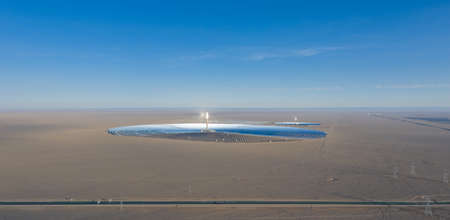 solar thermal power station on desert, molten salt tower heat storage, dunhuang city, gansu...