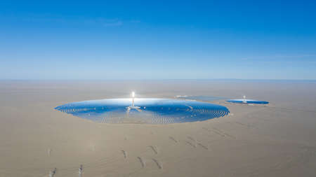 panoramic view of molten salt tower solar thermal power station, dunhuang city, gansu province, Chinaの写真素材