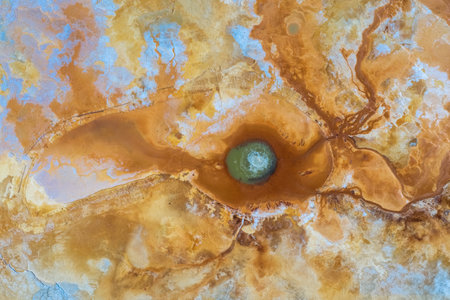 aerial view of aiken spring in qinghai, colorful ground of sulfur mineral deposits around the spring for a long time, Chinaの写真素材