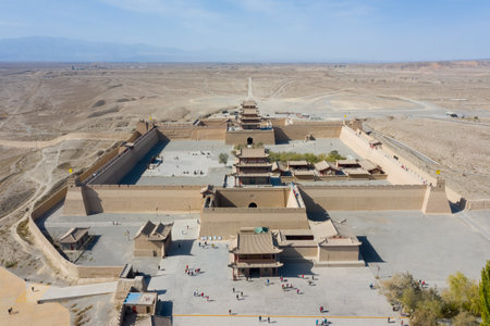 aerial view of jiayu pass or jiayuguan, the most western fort of ancient china on the silk road, gansu province, Chinaのeditorial素材