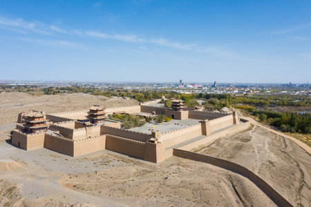 aerial view of Jiayu Pass, first greatest pass under heaven of the great wall, gansu province, China.のeditorial素材