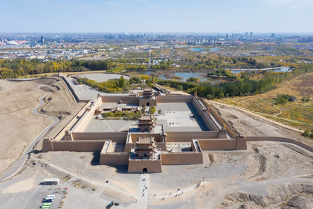 aerial view of jiayu pass in jiayuguan city,gansu province, China.のeditorial素材