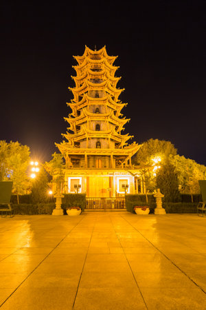 wooden pagoda at night in zhangye city, gansu province, Chinaのeditorial素材