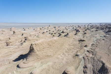 aerial view of wind erosion terrain landscape, yardang landform in tsaidam basin, qinghai province, China.の写真素材