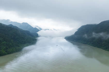 aerial view of beautiful fuchun river after rain, hangzhou city, zhejiang province, Chinaの写真素材