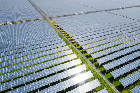 aerial view of solar photovoltaic panel in green energy power stationの写真素材
