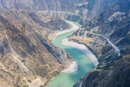aerial view of the beautiful nujiang river landscape, Chayu county, Nyingchi city, Tibet, Chinaの写真素材