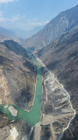 aerial view of the nujiang river in chayu county, nyingchi city, tibet, Chinaの写真素材