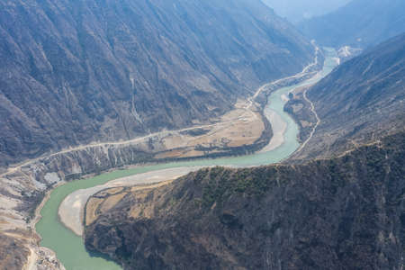 beautiful nujiang river landscape from above, chayu county, nyingchi city, tibet, Chinaの写真素材