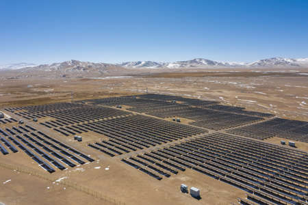 aerial view of the solar power station on northern tibetan plateau, Baingoin county, Nagqu city, Tibet autonomous region, Chinaの写真素材