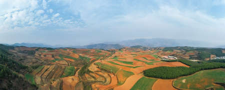 beautiful yunnan red land landscape, panoramic view from above,Chinaの写真素材