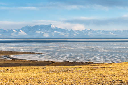 Namtso lake landscape at dusk, holy lake and snow mountain in Tibetの写真素材