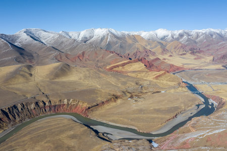 aerial view of the nujiang river with tanggula mountains, Tibet, Chinaの写真素材
