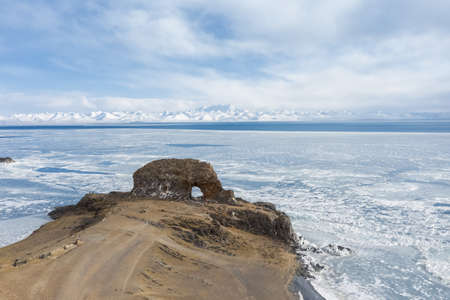aerial view of the sacred elephant in north shore of Namtso, Tibet, Chinaの写真素材