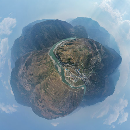 spherical panorama of nujiang river landscape, Daxingdi Township, Lushui, Nujiang Lisu Autonomous Prefecture, Yunnan Province, Chinaの写真素材