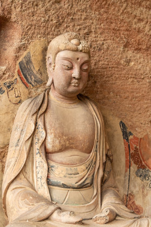 Maiji mountain grottoes, world cultural heritage, buddhist statue closeup, tianshui city, gansu province, China.のeditorial素材