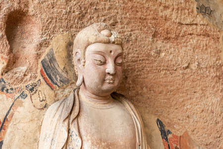 Maijishan hill caves, buddhist statue closeup, tianshui city, gansu province, China.のeditorial素材