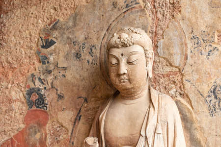 Maiji mountain grottoes, world cultural heritage, buddhist statue closeup, tianshui city, gansu province, China.のeditorial素材